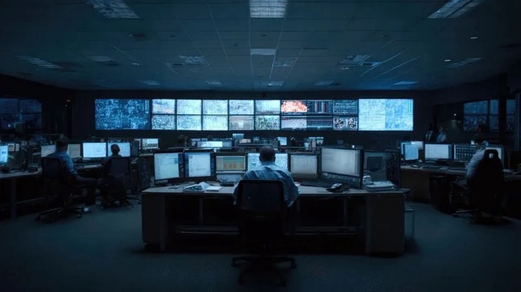 A darkened operations room with staff monitoring a wide bank of screens