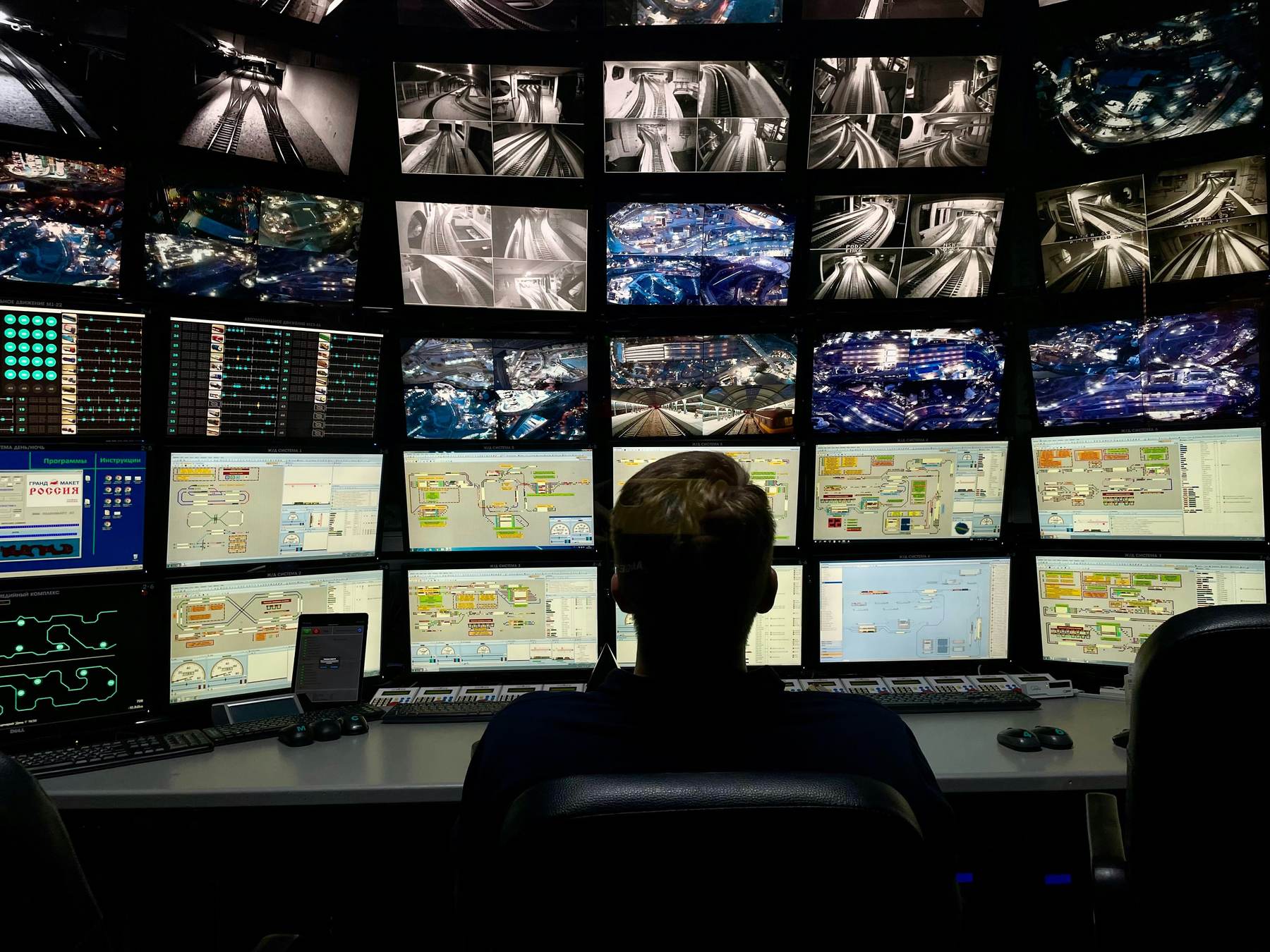 A wall of monitoring screens with an operator seated at the console