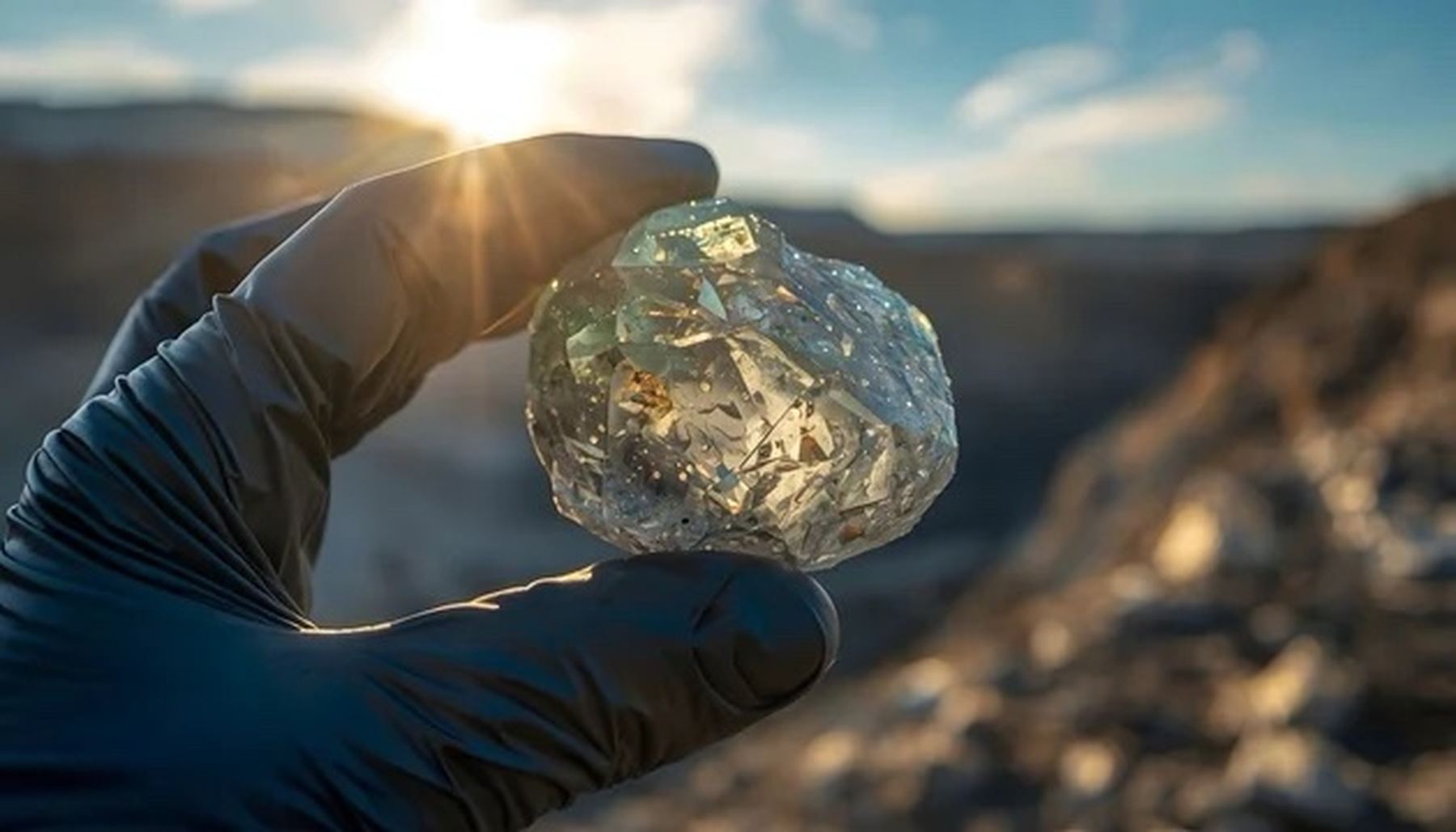 A rough diamond held up to the sunlight in a gloved hand